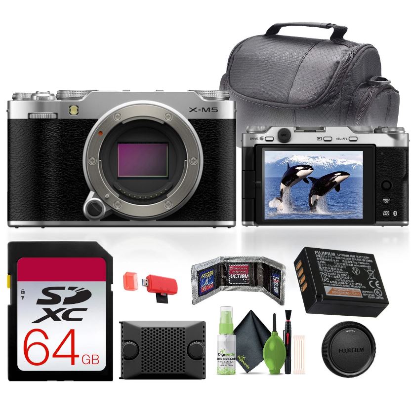 Fujifilm X-M5 Mirrorless Digital Camera Body (Silver) + 64GB Memory Card + More