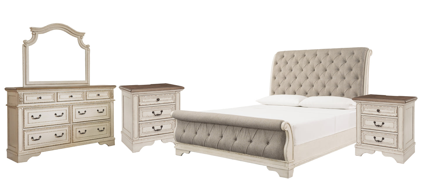 Realyn Sleigh Bed With Mirrored Dresser And 2 Nightstands
