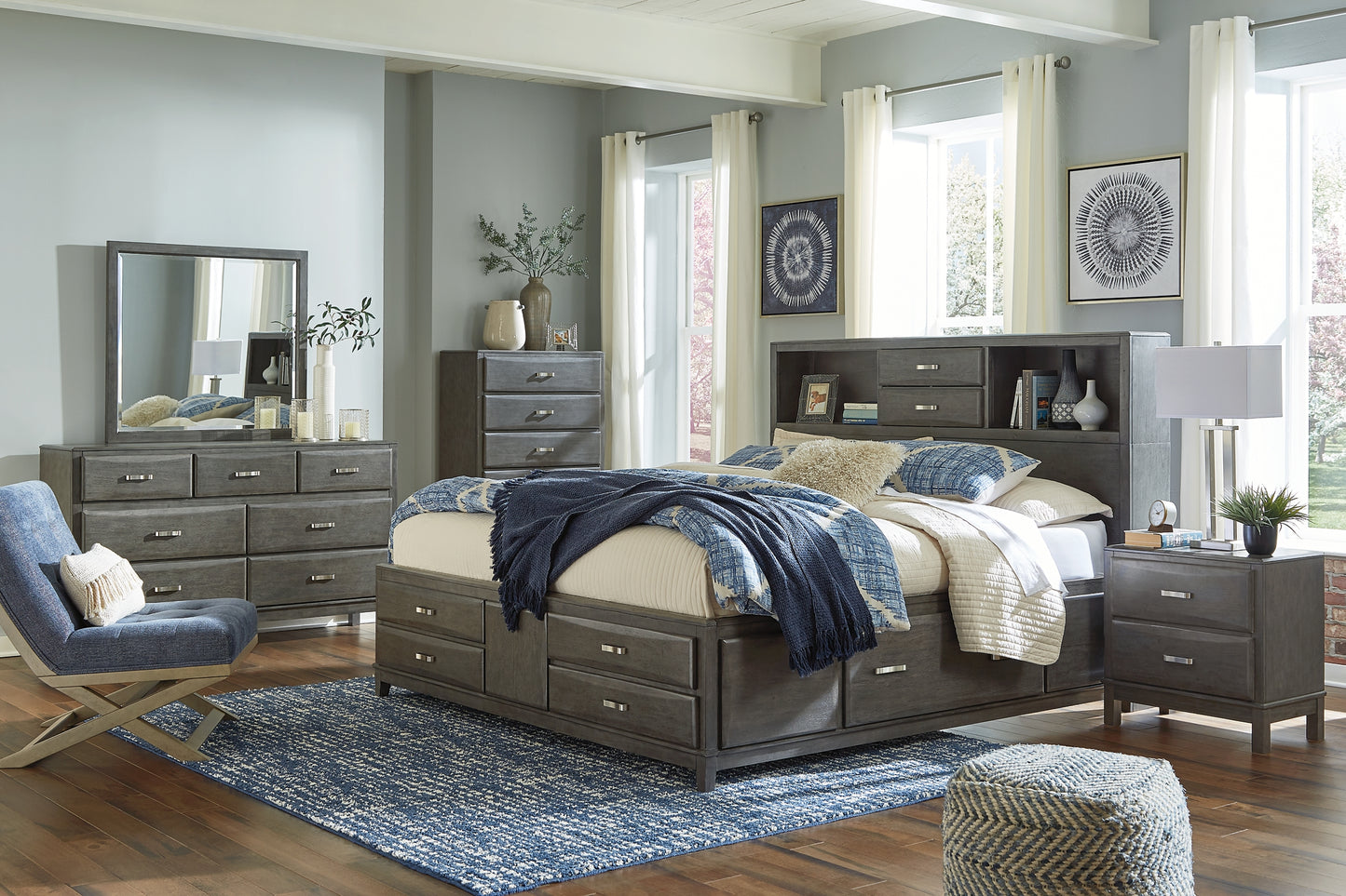 Caitbrook Storage Bed With 8 Storage Drawers With Mirrored Dresser, Chest And Nightstand