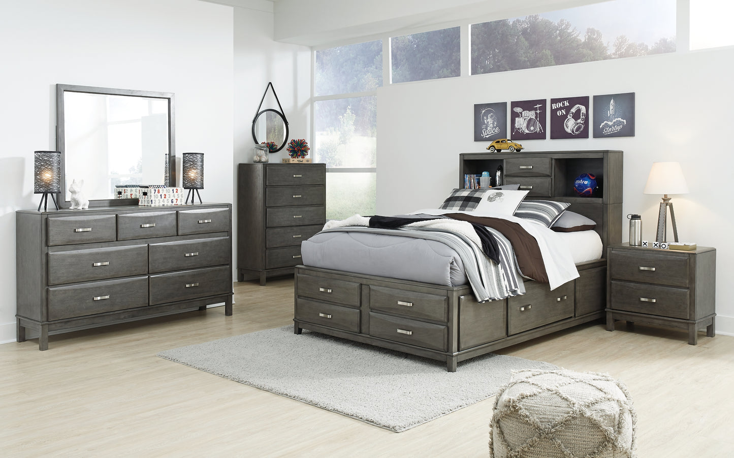Caitbrook Storage Bed With 8 Storage Drawers With Mirrored Dresser, Chest And Nightstand