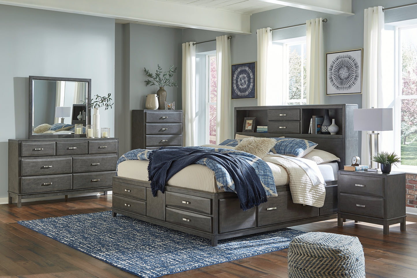 Caitbrook Storage Bed With 8 Storage Drawers With Mirrored Dresser, Chest And Nightstand