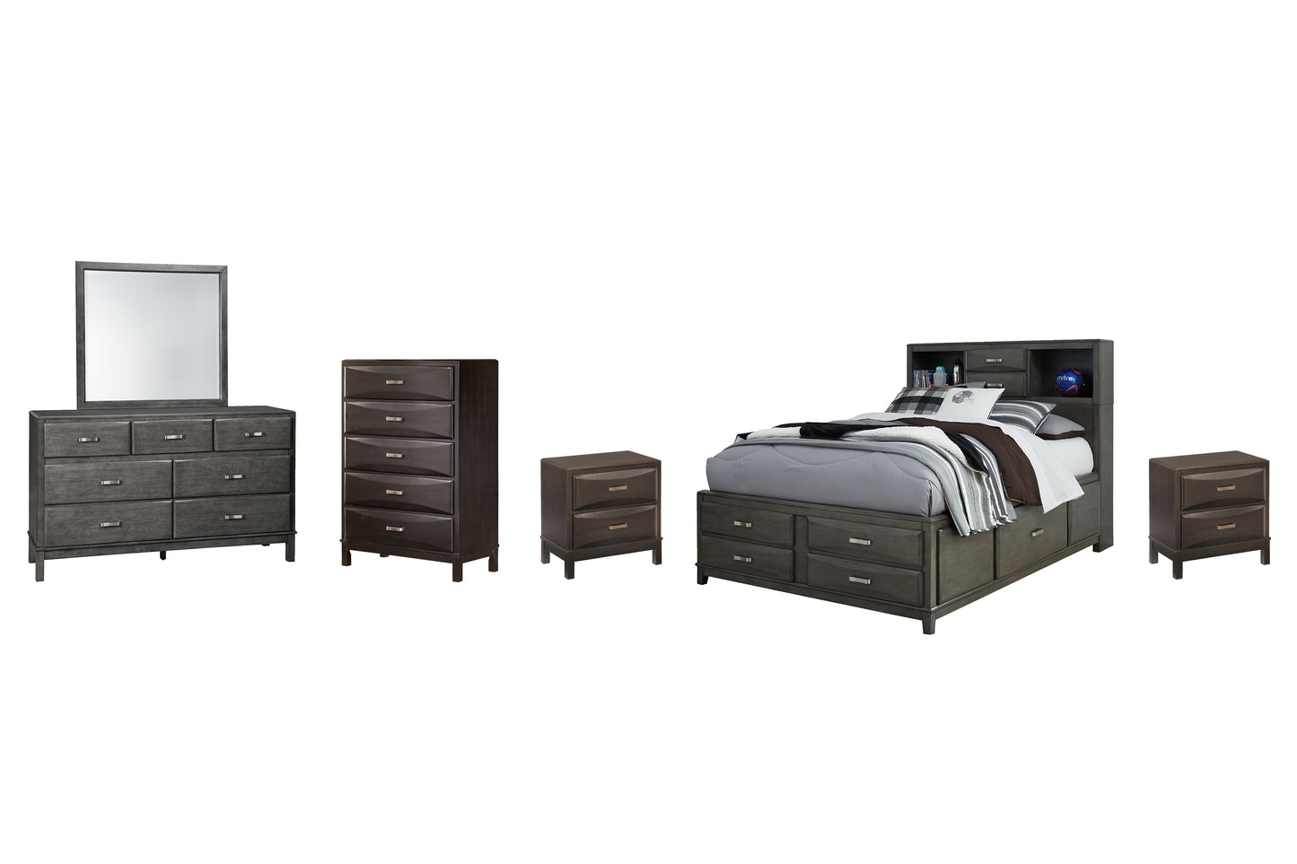 Caitbrook Storage Bed With 8 Storage Drawers With Mirrored Dresser, Chest And 2 Nightstands