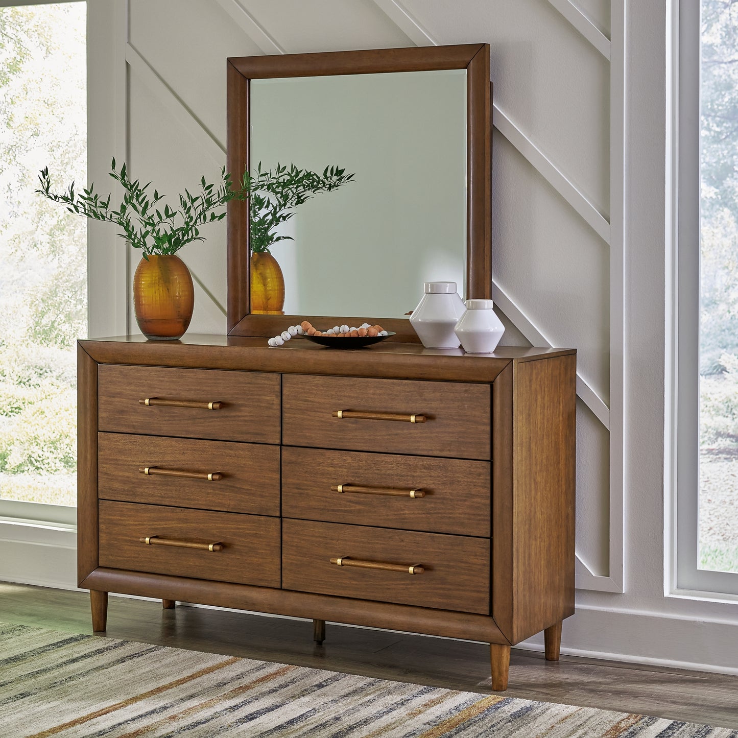 Lyncott Queen Upholstered Bed with Mirrored Dresser and Chest