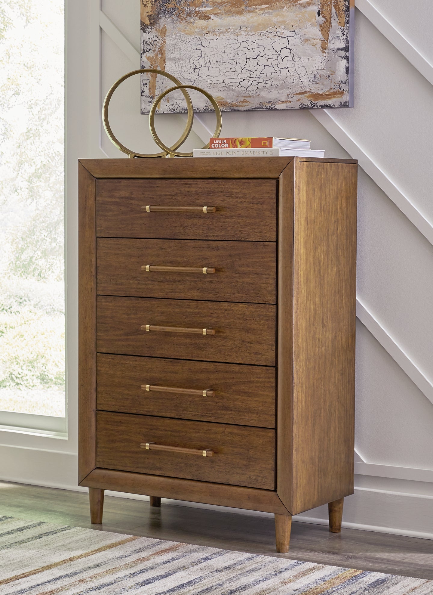 Lyncott California King Upholstered Bed with Mirrored Dresser, Chest and Nightstand