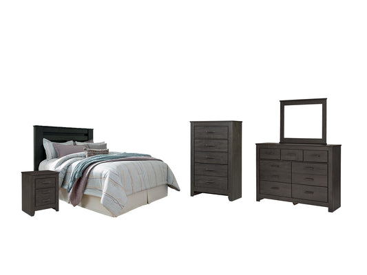Brinxton Queen/Full Panel Headboard Bed with Mirrored Dresser, Chest and Nightstand