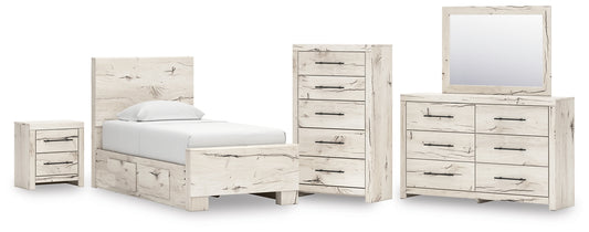 Lawroy Twin Panel Bed with Mirrored Dresser, Chest and Nightstand