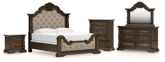 Maylee King Upholstered Bed with Mirrored Dresser, Chest and Nightstand