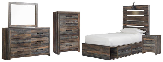 Drystan Twin Panel Bed with 4 Storage Drawers, Dresser, Mirror, Chest and Nightstand