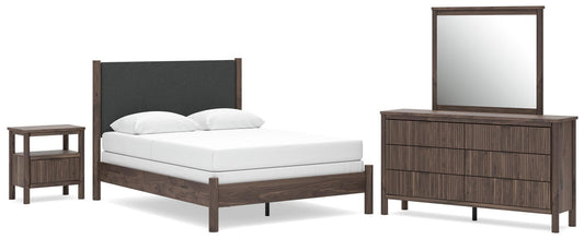 Pamytta Queen Upholstered Panel Bed, Dresser, Mirror and Nightstand