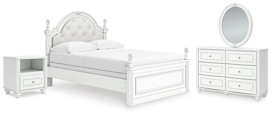 Kozlani Full Upholstered Panel Bed, Dresser, Mirror and Nightstand