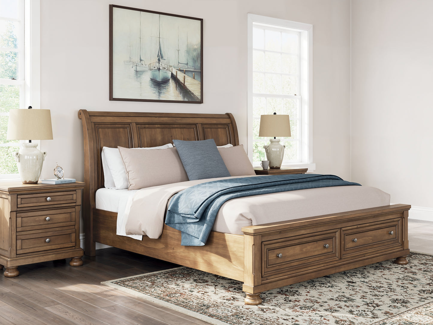 Feddinger California King Storage Sleigh Bed with Mirrored Dresser and Chest