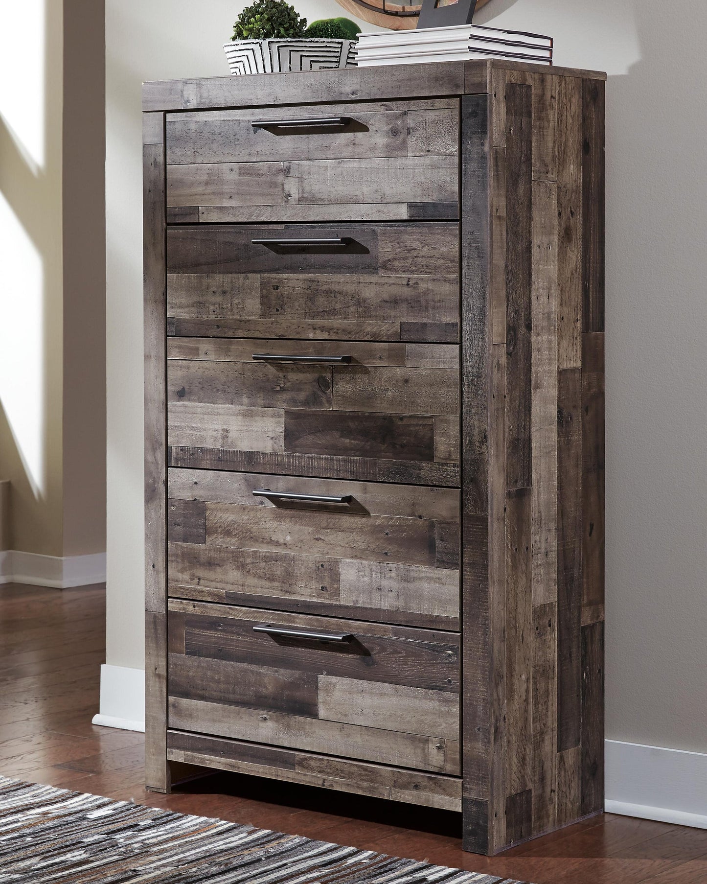 Derekson Queen/Full Panel Headboard Bed with Mirrored Dresser, Chest and Nightstand