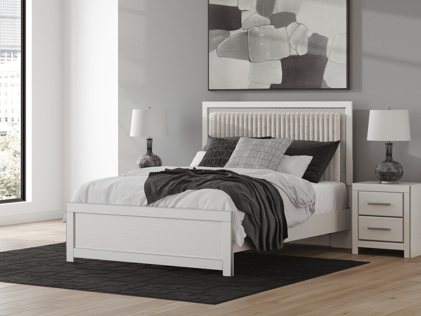 Zuraleus Queen Upholstered Panel Platform Bed, Dresser, Mirror, Chest and Nightstand