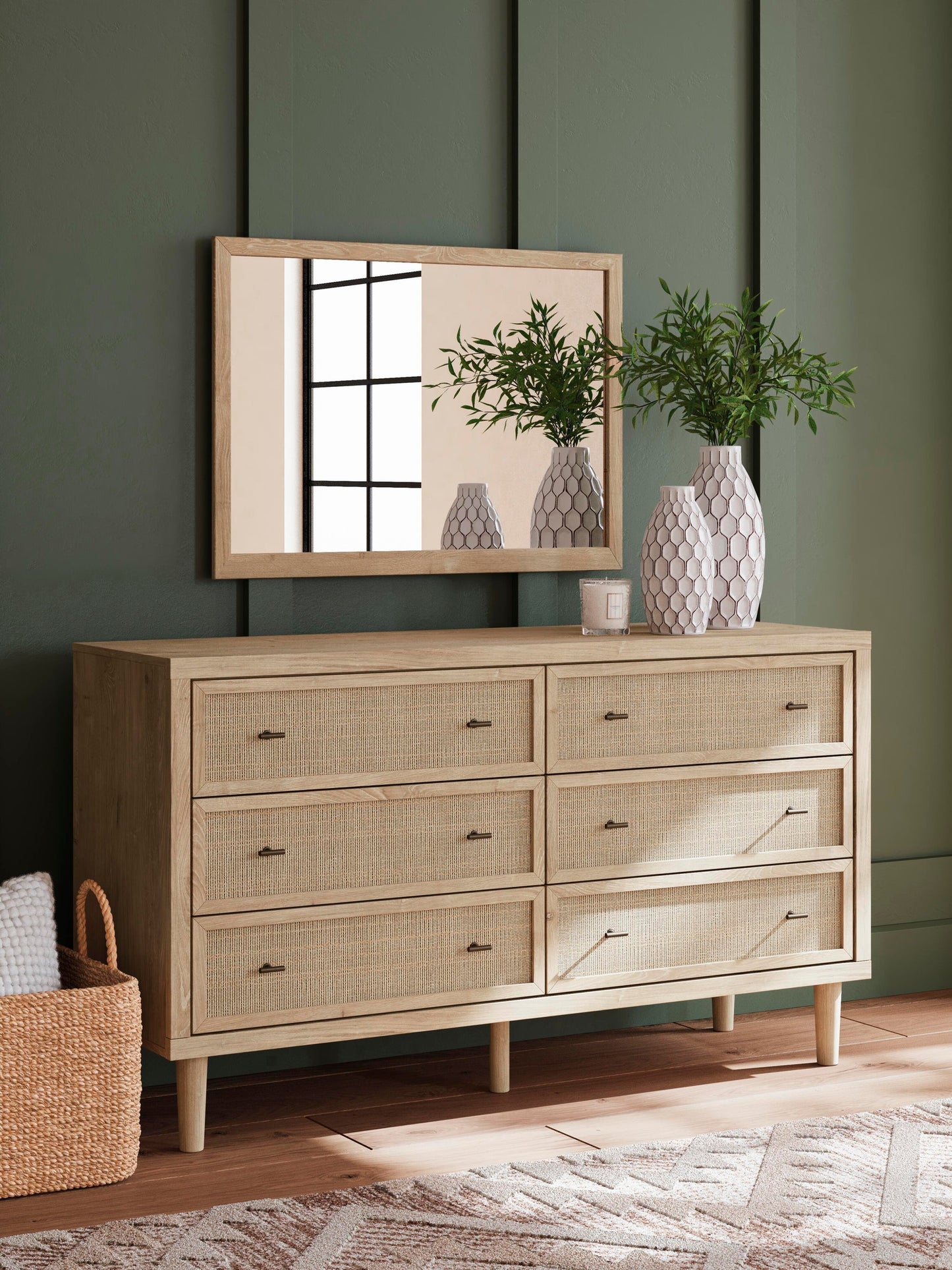 Cielden California King Upholstered Bed with Roll Slats, Dresser, Mirror and Nightstand