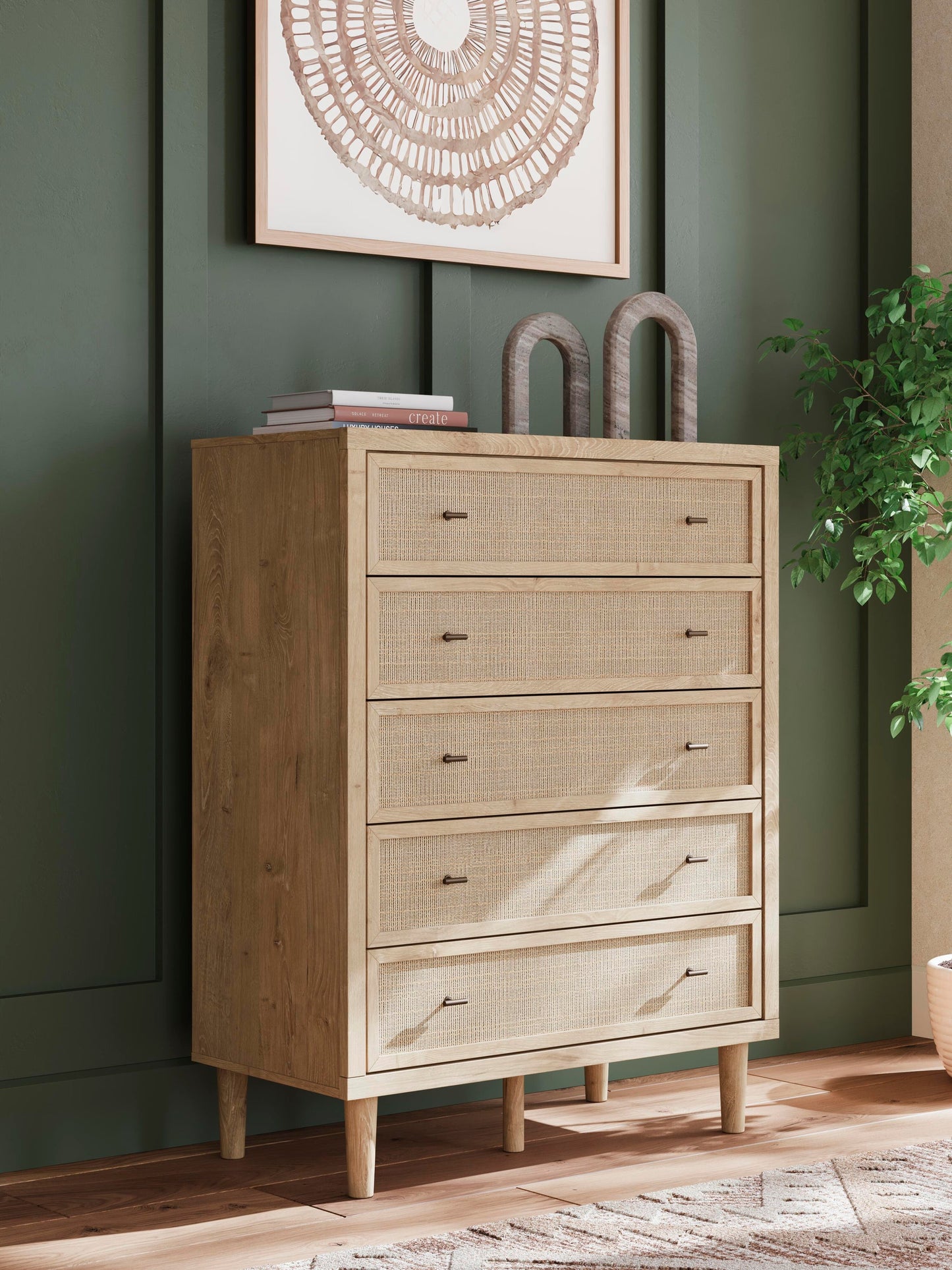 Cielden King Upholstered Bed with Roll Slats, Dresser, Mirror, Chest and Nightstand