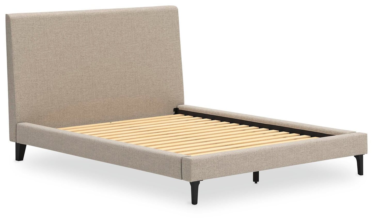 Cielden Queen Upholstered Bed with Roll Slats, Dresser and Mirror
