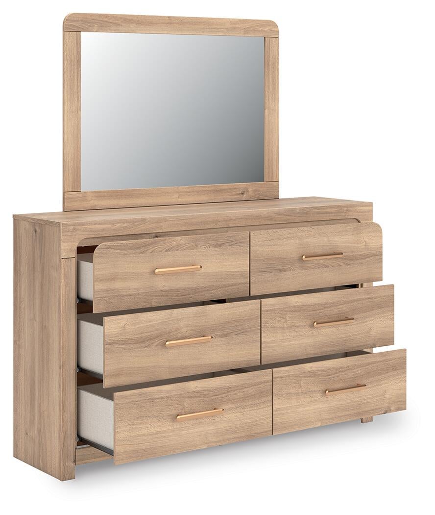 Kinlanni Queen Upholstered Panel Bed, Dresser, Mirror and Nightstand