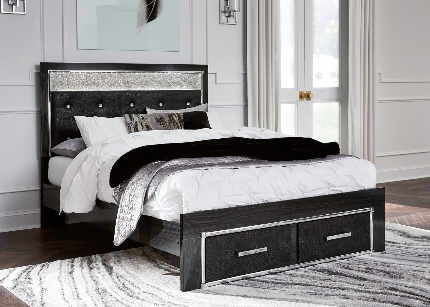 Kaydell Queen Upholstered Panel Storage Platform Bed with Mirrored Dresser, Chest and Nightstand